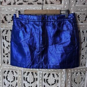 Amy Lynn Melina Metallic Faux Leather Cobalt Blue Mini Skirt Party Club Wear M/L